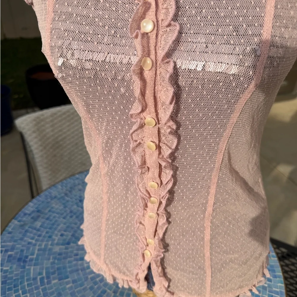 Vintage Pink Sheer Ruffle Button-Down Top - Picture 2 of 5